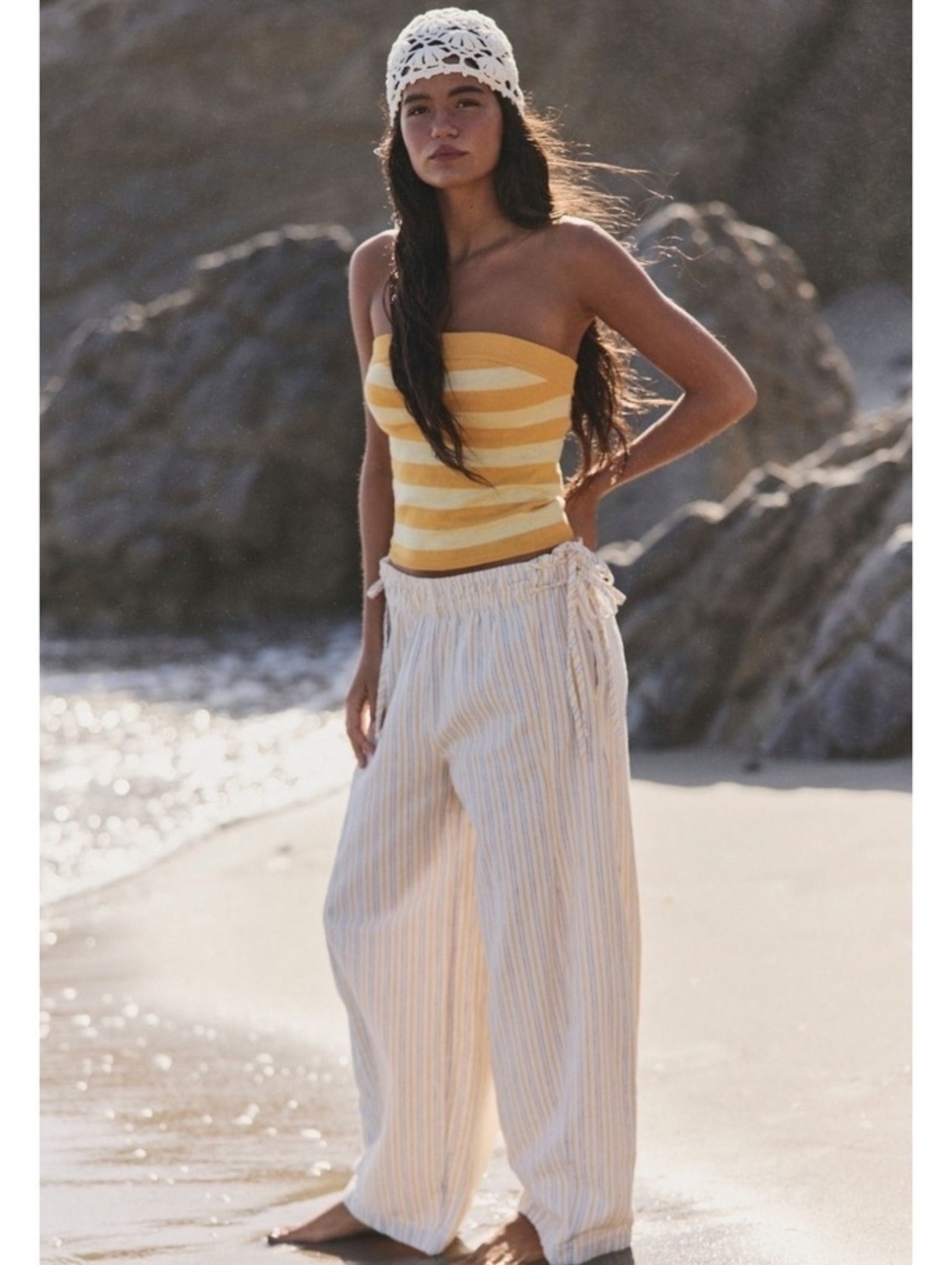 Free People Sun Dazed Cotton-Linen Pants in Ivory Combo • NWT • Size Medium